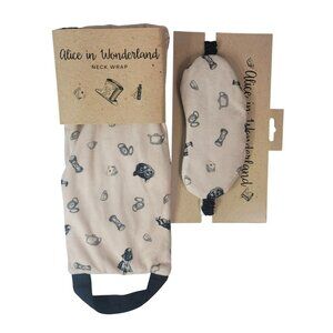 Alice in Wonderland Eye Mask Neck Wrap Card Cream Black Watch Cat Tea Kettle NEW